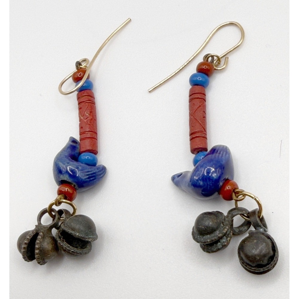 Blue Glass Bird Earrings w Bells Gold‎ Tone 2.25" Dangle